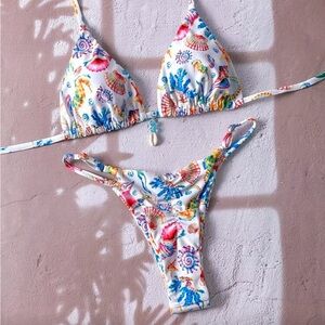 SHEIN White Shell & Seahorse Print Triangle Bikini - Multicolor